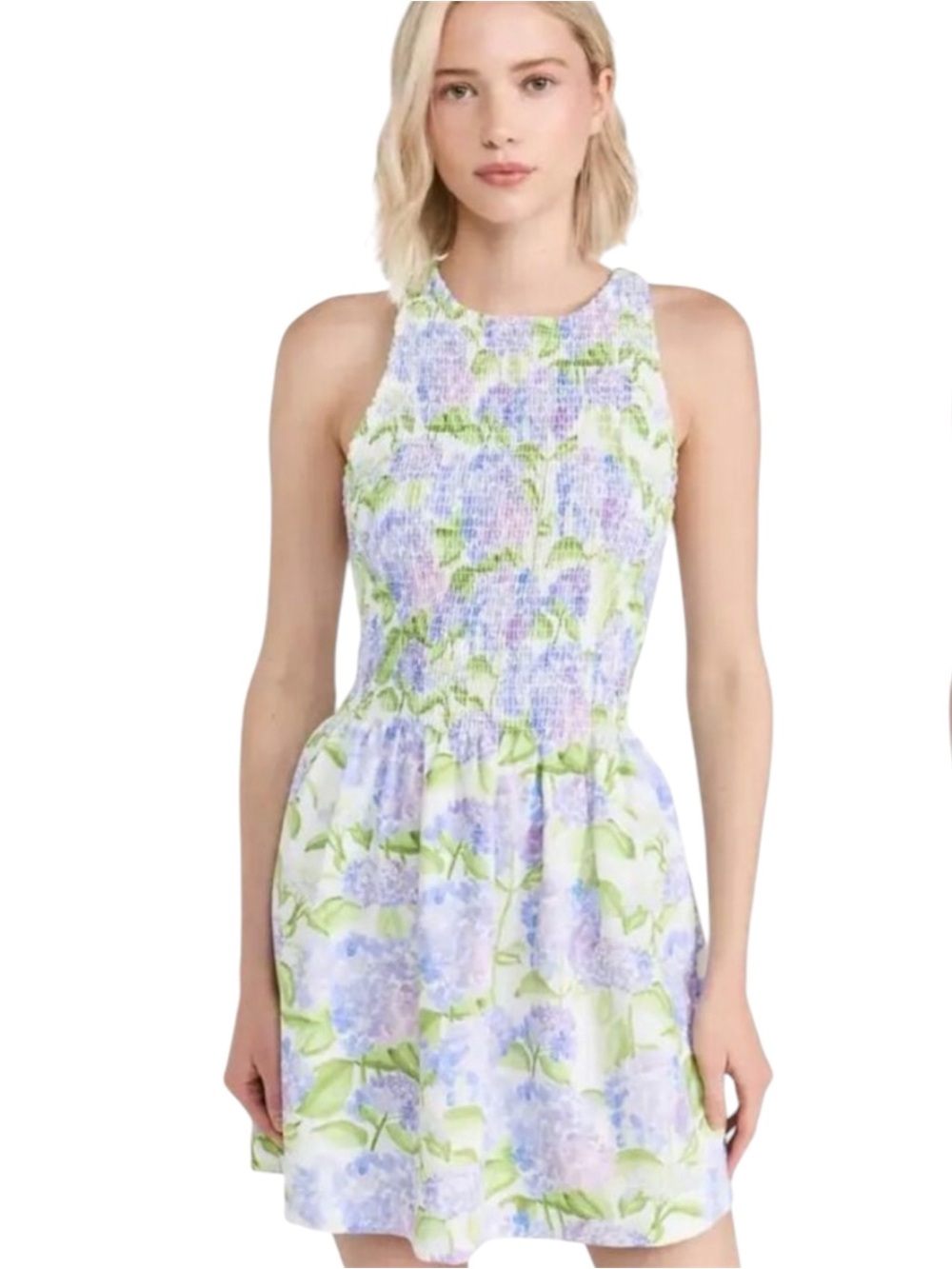 Hill House The Lilou Nap Dress Size Large Blue Hydrangea Floral Smocked Mini